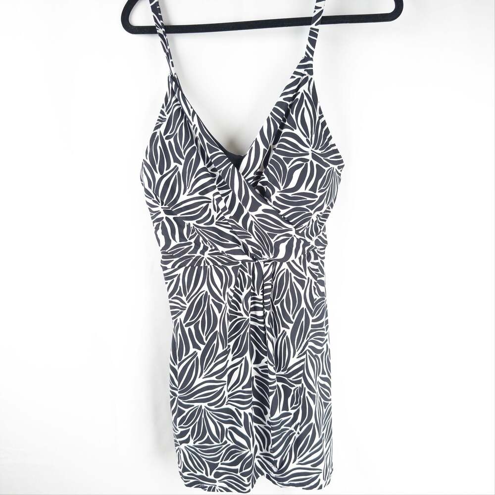 Lands' End Black and White Leaf Print V-Neck Tulip Wrap Swim Dress